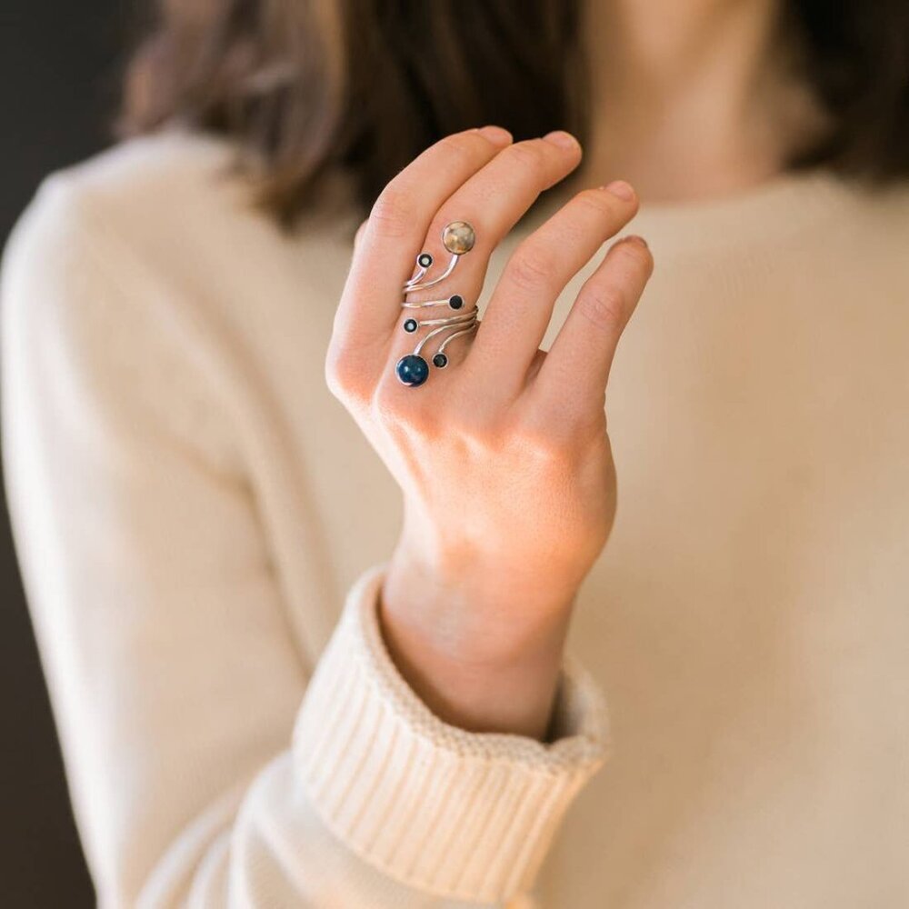 Handcrafted Celestial Jewelry -- Orbit Ring with Natural Stones - Picture 1 of 2